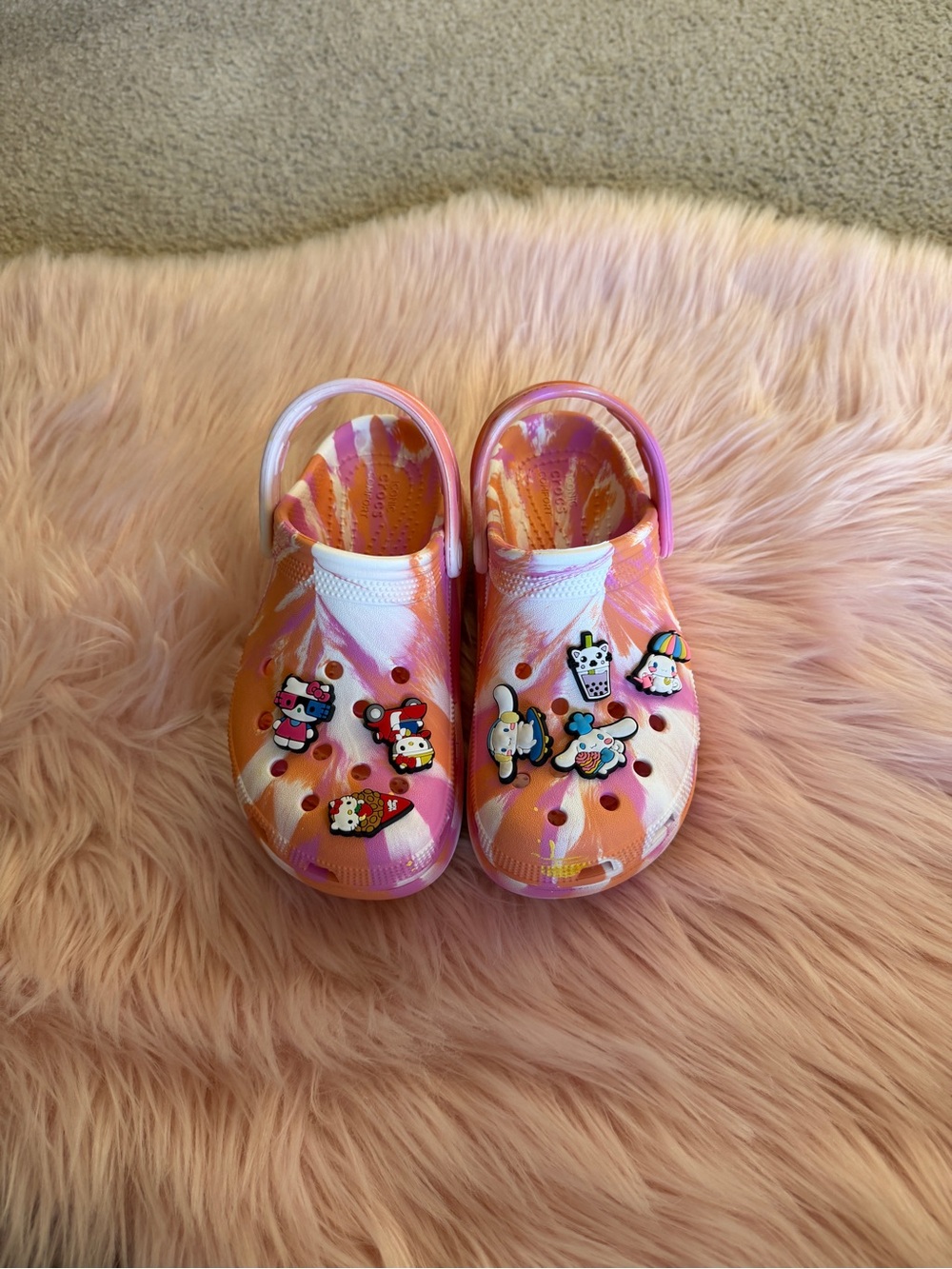 Kids Tie-Dye Pink & Orange Clog Shoes with Character Charms